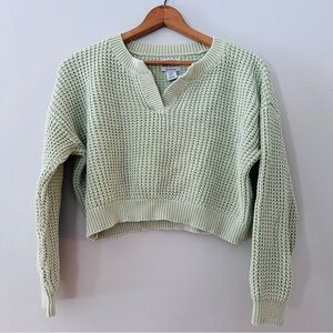 Haute Hippie Cropped Chunky Mint Green Waffle Knit Split Neckline Sweater Sz M